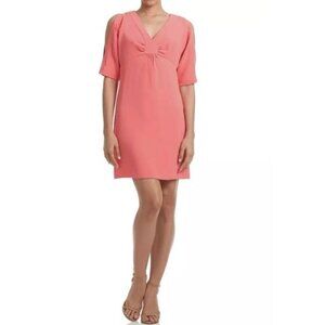 Trina Turk Women's Size 8 Coral Lily‎ Fluid Drape Cold Shoulder Shift Mini Dress